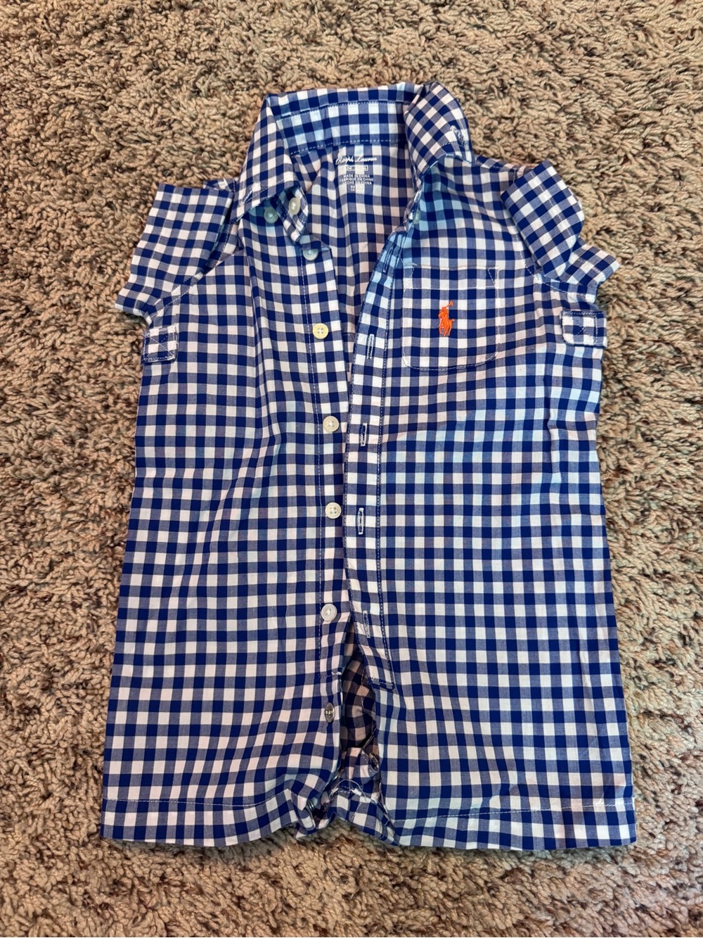 Ralph Lauren Blue & White Gingham Baby Shortall with Orange Pony